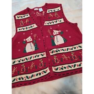 Vtg Bobbie Brooks Red Christmas Sweater Vest Snowmen Holly Womens Sz XL